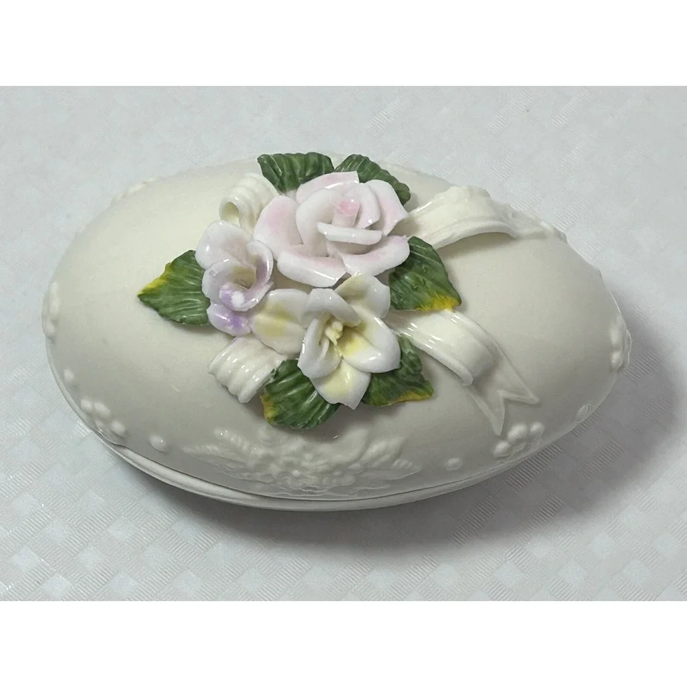 VTG Capodimonte Style Floral Oval Easter Spring Egg Jewelry Trinket Box W/ Lid